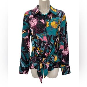 NWT Ryegrass Dark Floral Feminine Collared Button Tie Front Long Sleeve Blouse